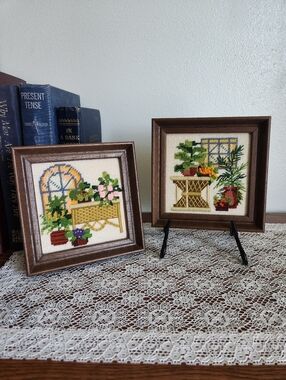 Framed Needlepoint Cross-Stitch Floral Potted Plant Scenes - Brown Frame
